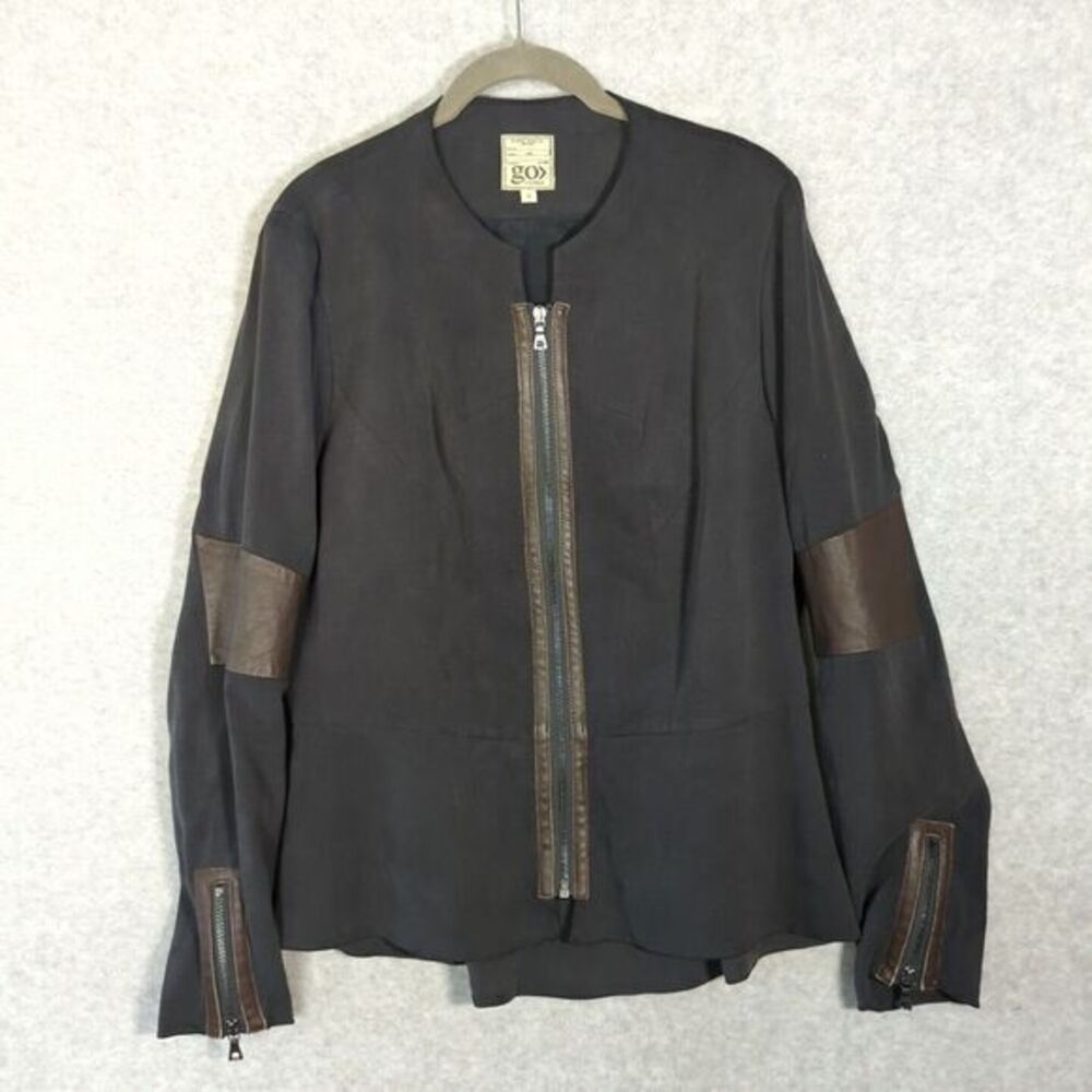 Go By Go Silk Caper Jacket 12 Military Gray Leather Trim Peplum Elbow Patched